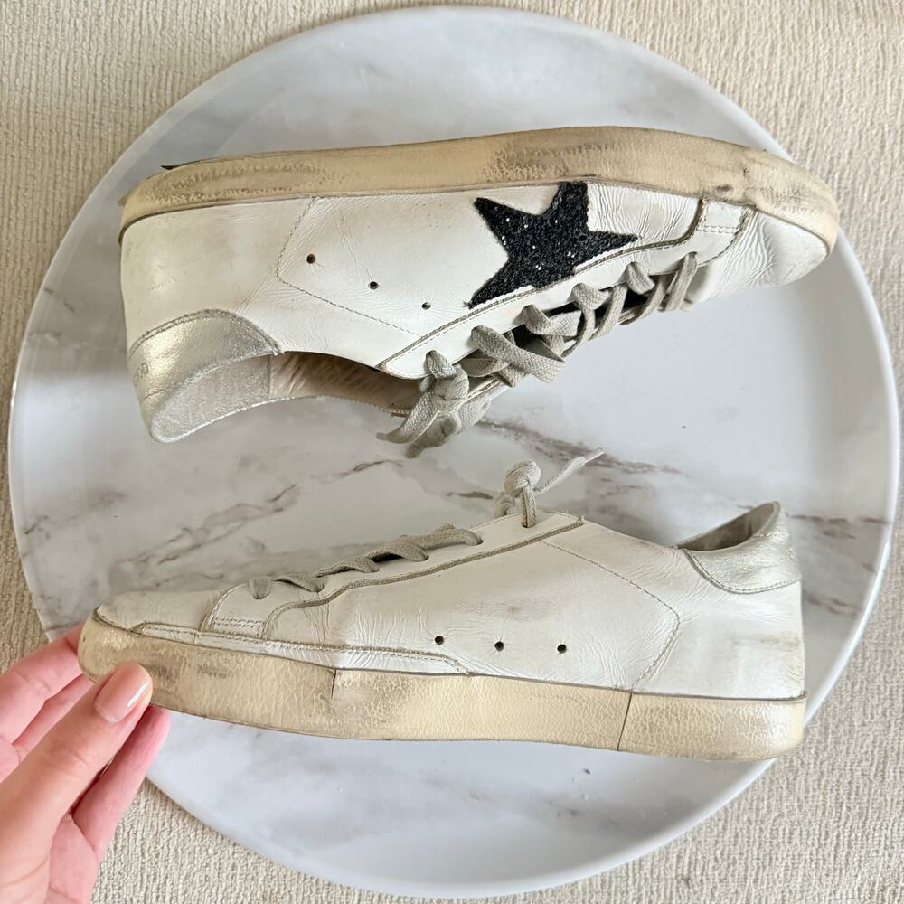 Golden Goose Superstar Sneakers Shoes Ssence White Leather Black Glitter Star 38 - Picture 12 of 13